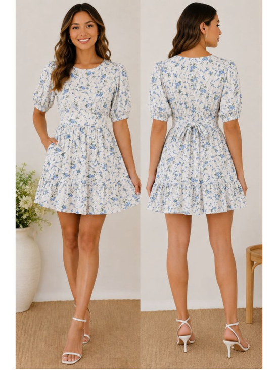 Faithful the Brand Dresses & Skirts - Faithfull The Brand Floral Mini Dress M 6 White Blue Puff Sleeve Lined NWOT⁸